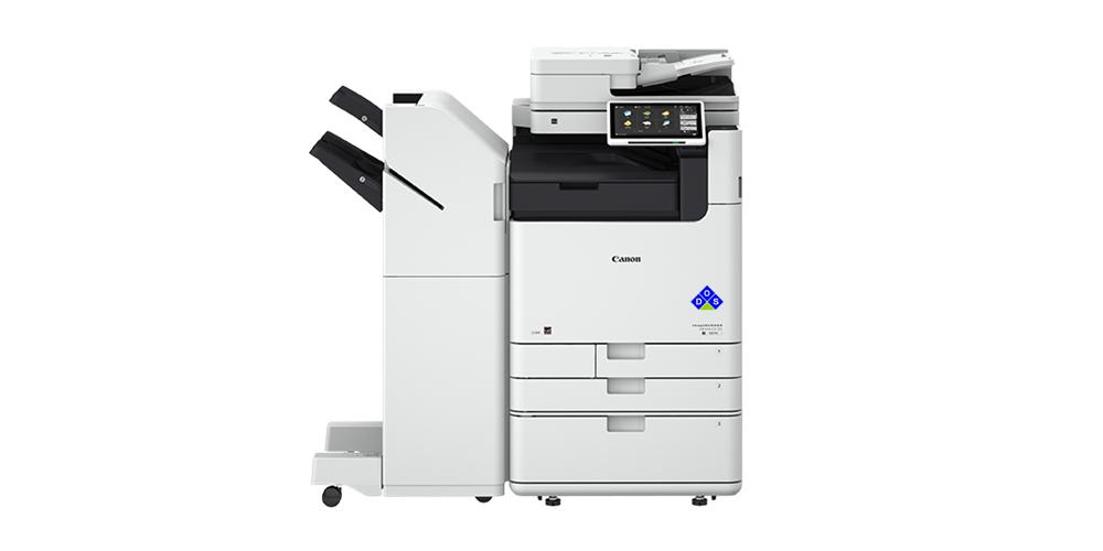 imageRUNNER ADVANCE DX 6855i front view with finisher and large capacity paper drawer