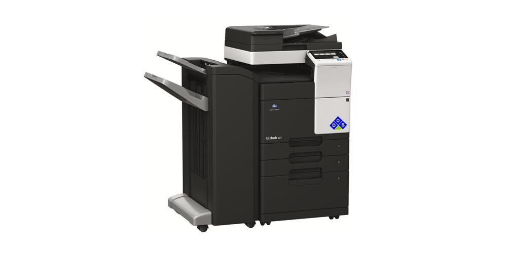 bizhub 227 left view with floor finisher and large capacity paper drawer