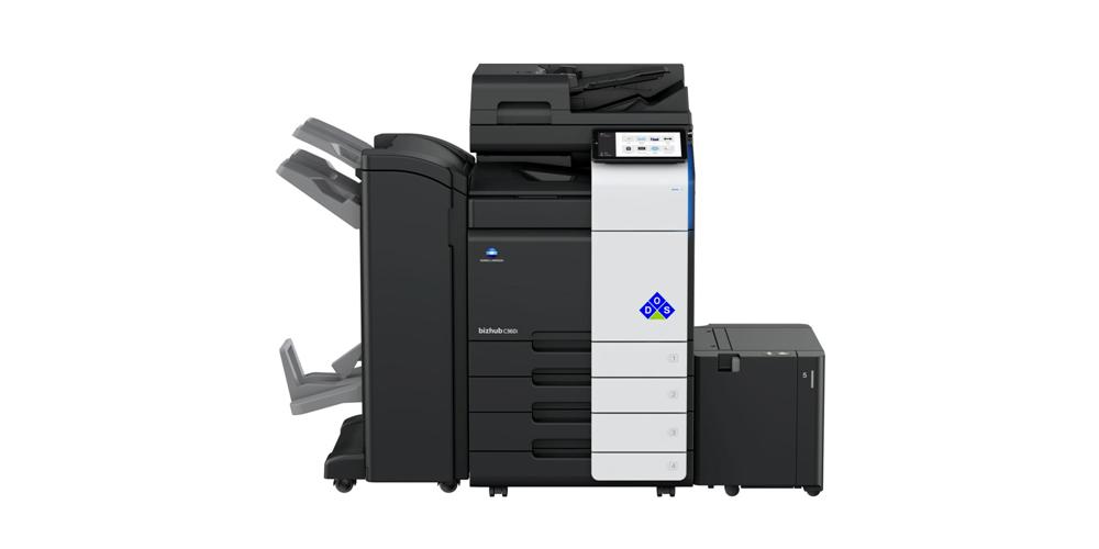 bizhub 300i front view with saddle stitch finisher and large capacity paper drawer